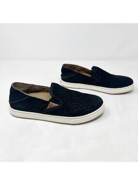 [OluKai] Pehuea Black Textured Embossed Suede Leather Slip On Sneakers Size 6